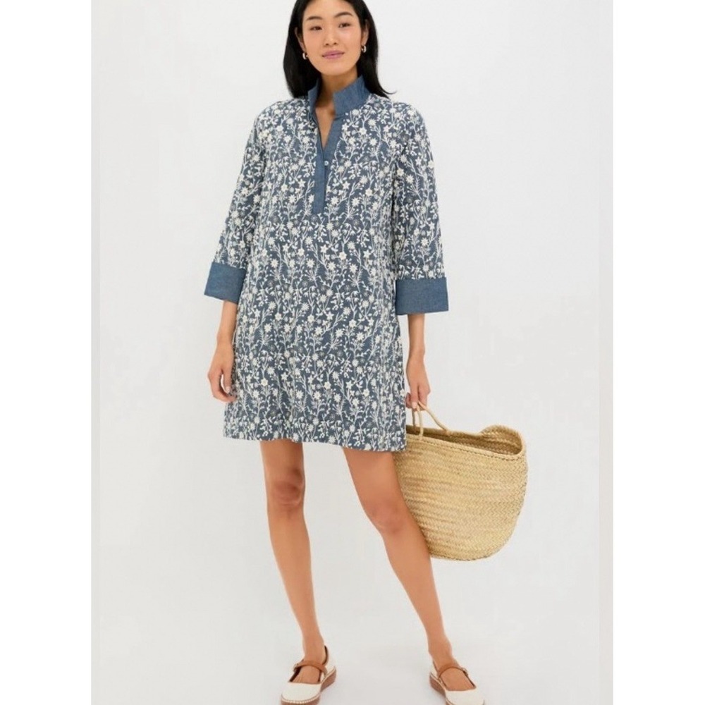 Tuckernuck Blue Floral Embroidered Cotton Tunic Shift Dress S